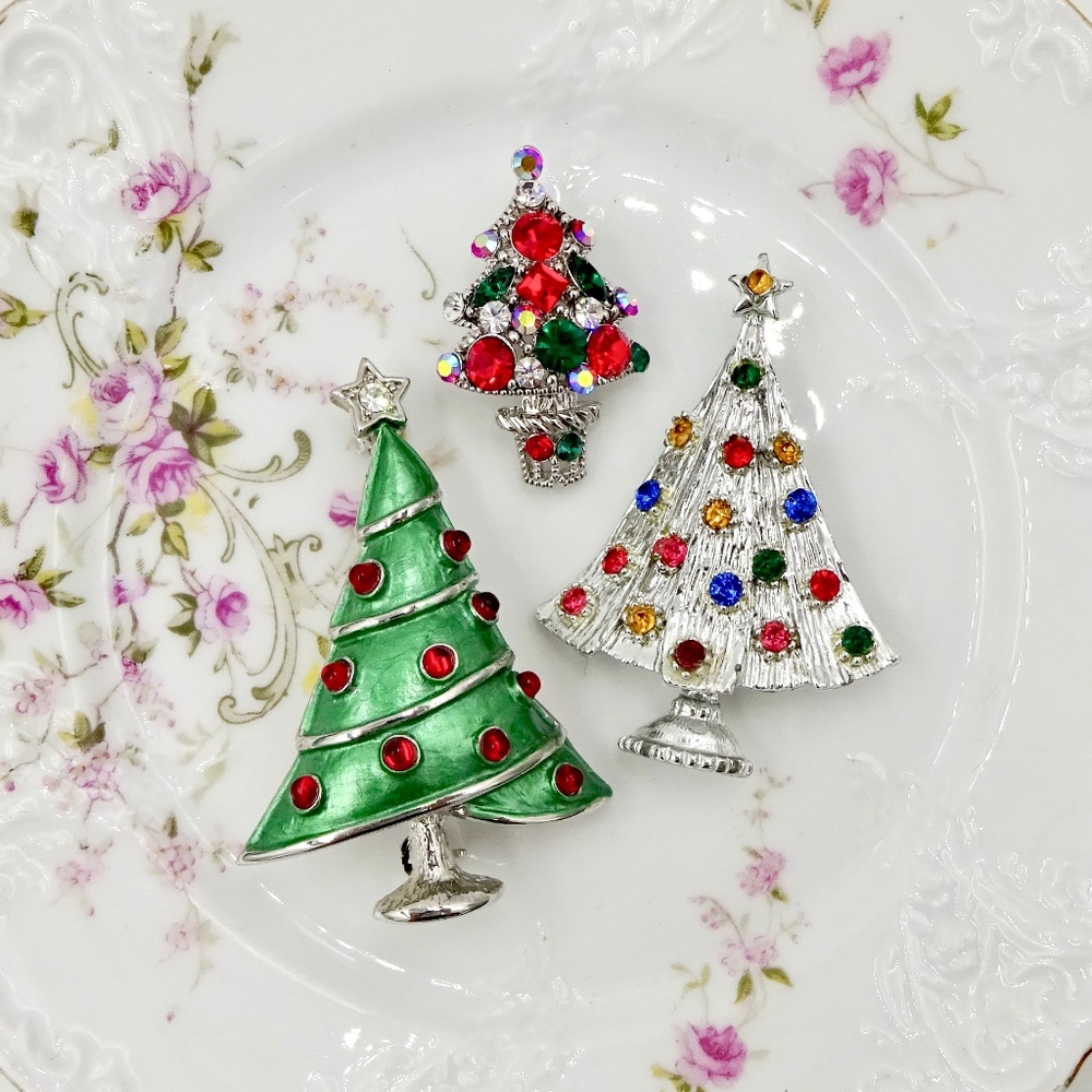 Silver Rhinestone CHRISTMAS TREE PINS Set of Three - Picture 2 of 8
